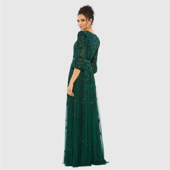 Mac Duggal Green Embellished V Neck 3/4 Sleeve A Line Gown - Picture 3 of 8